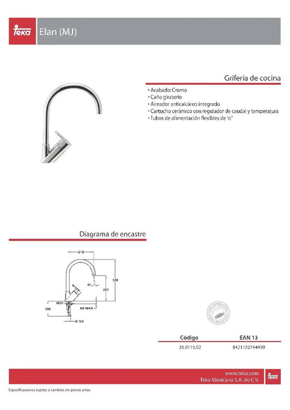 Grifo Teka Cocina Elan (Mj) Cromo Alto 35.9115.02