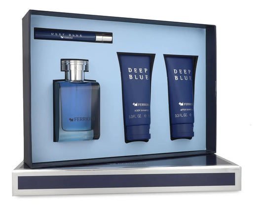 Set Ferrioni Deep Blue 4Pzs 100Ml Edt Spray/ Body Shampoo 100Ml/ After Shave 100Ml/ 10Ml Edt Spray - Hombre