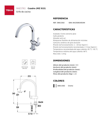 Grifo Teka Cocina Cuadro Cromo Alto 38.9115.02