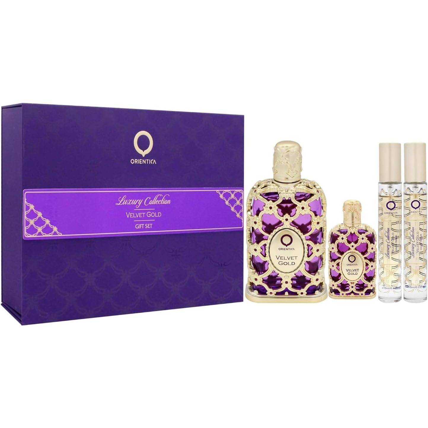 Set Orientica Luxury Collection Velvet Gold 4Pzs 80Ml Edp Spray/ 7.5Ml Edp/ 10Ml Edp Spray X2 - Unsex