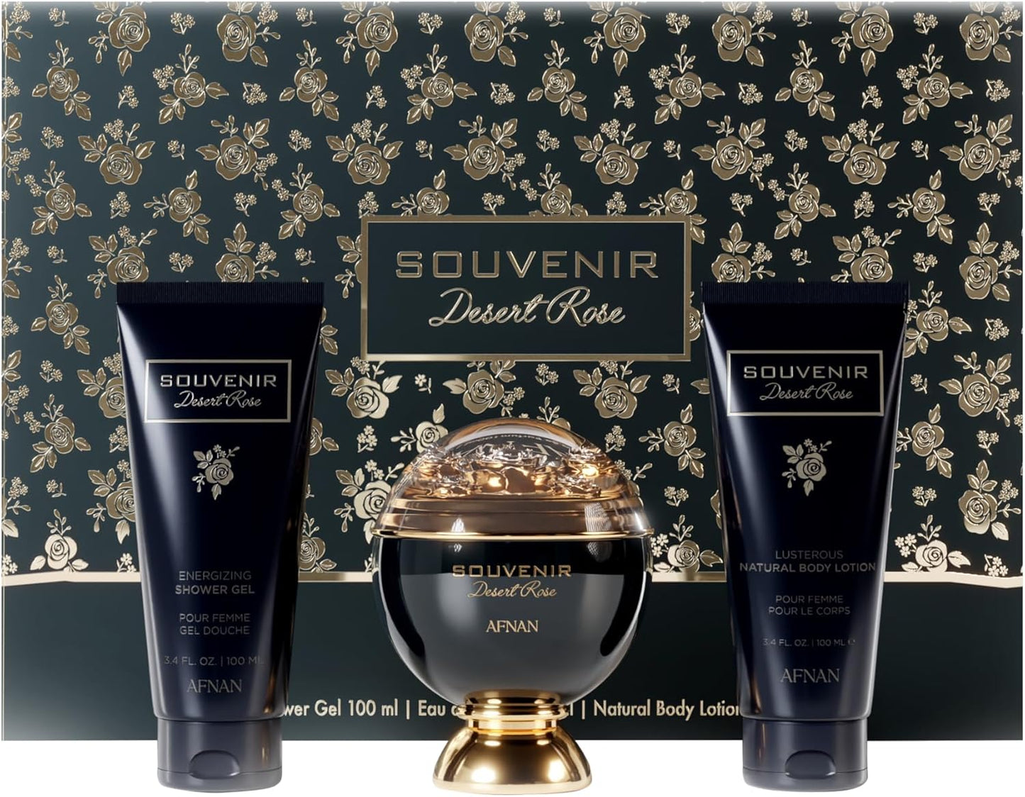 Set Afnan Souvenir Desert Rose 3Pzs 100Ml Edp Spray/ Body Lotion 100Ml/ Shower Gel 100Ml - Mujer