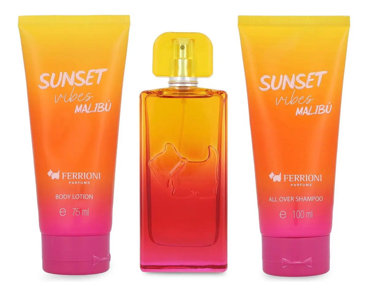 Ferrioni Set Ferrioni Sunset Vibes Malibu 3Pzs 100Ml Edt Spray/ Body Shampoo 100Ml/ Body Lotion 75Ml - Mujer