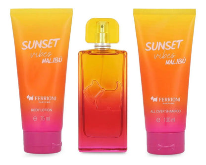 Ferrioni Set Ferrioni Sunset Vibes Malibu 3Pzs 100Ml Edt Spray/ Body Shampoo 100Ml/ Body Lotion 75Ml - Mujer