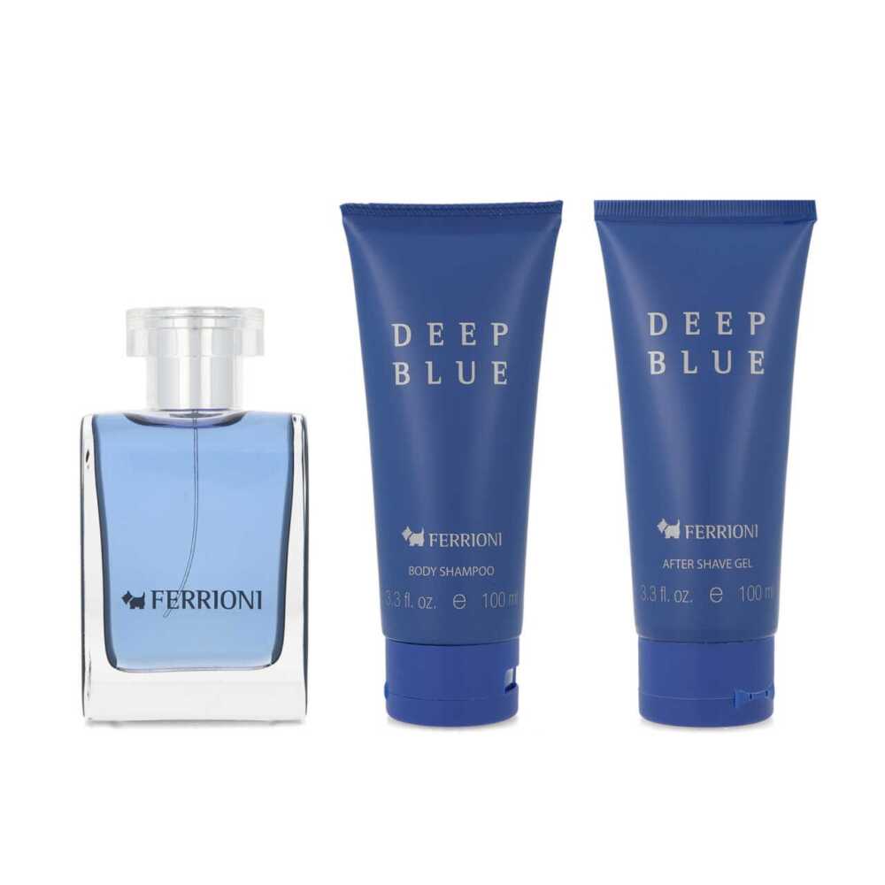 Ferrioni Set Deep Blue 3 Pz para Hombre - 100Ml Edt Spray, Body Shampoo 100Ml y 6Ml Edt Spray - Perfume Masculino