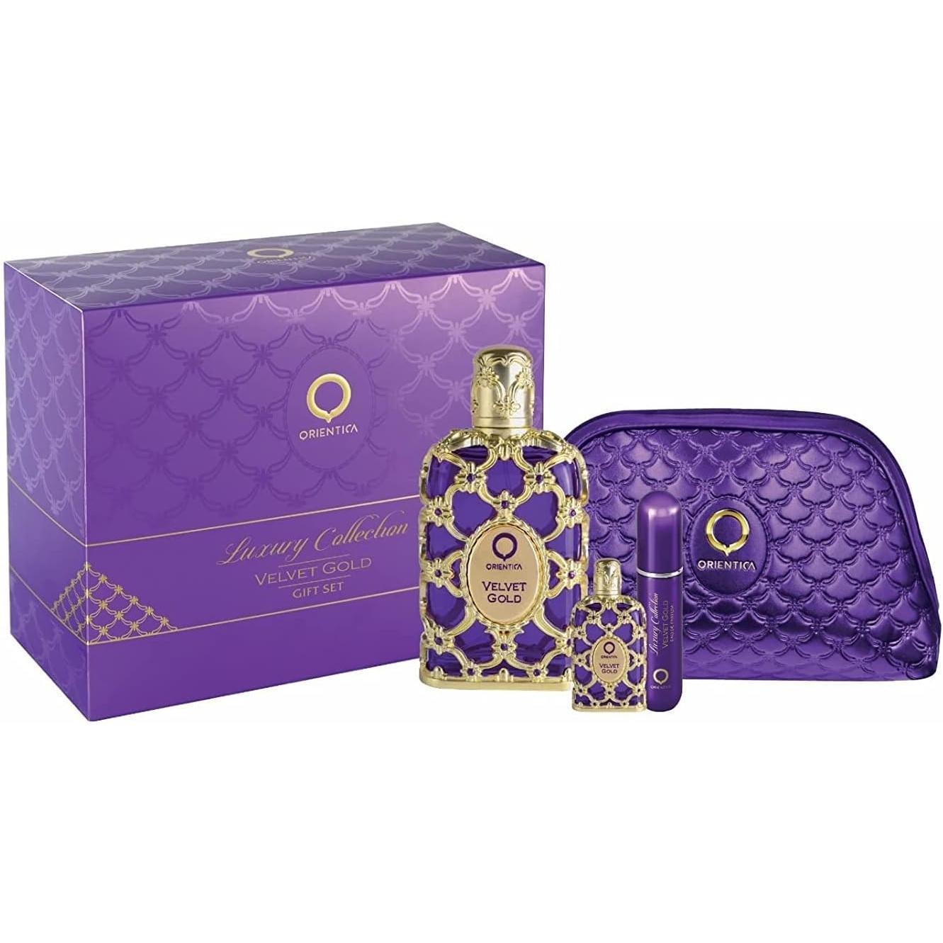 Set Orientica Luxury Collection Velvet Gold 4Pzs 80Ml Edp Spray/ Bolso Pequeño/ Perfumero Rellenable/ 10Ml Edp Spray - Unsex