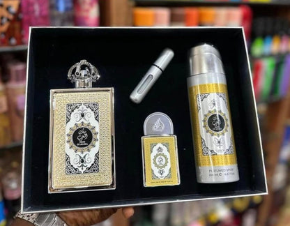 Lattafa Set Lattafa Pride King Of Arabia 4Pzs 100Ml Edp Spray/ Desodorante Spray 200Ml/ 20Ml Edp Spray/ Perfumero Rellenable - Hombre