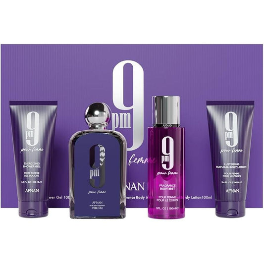 Afnan Set 9pm Pour Femme Dama 4 Piezas - Perfume y Cuidado Corporal para Mujer